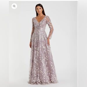 MWT MAC DUGGAL  EMBROIDERED LACE WRAP OVER ILLUSION LONG SLEEVE LILLAC GOWN
